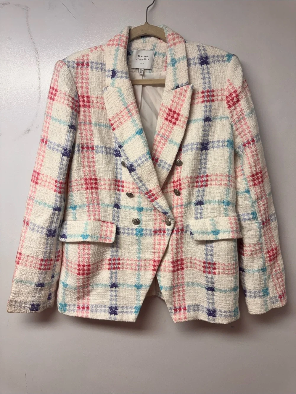 Maison d’Amelie Paris Blazer L Pastel Plaid Tweed Double Breasted Preppy Chic E